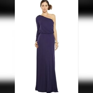 Halston Heritage Navy Blue One Shoulder Longsleeve Gown Dress Leg Slit Large